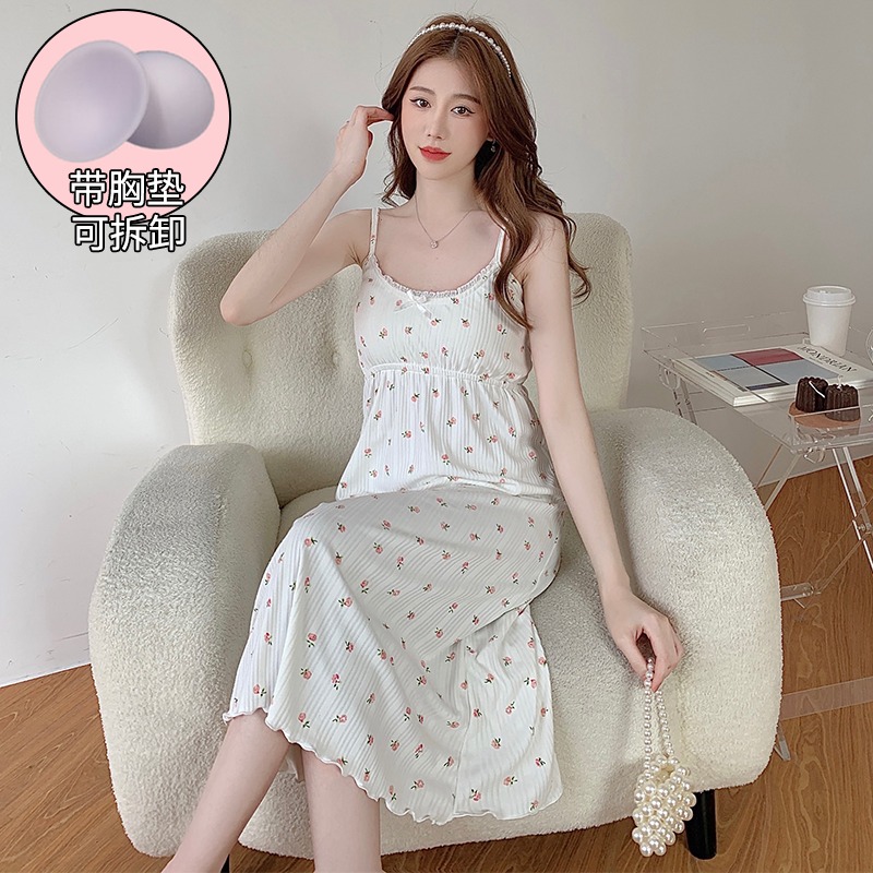 2022 Summer Sexy Lingerie Spaghetti Strap Cotton Print Nightgowns Women Korean Cute Sleepwear Nightdress Night Dress Home Nighty alx