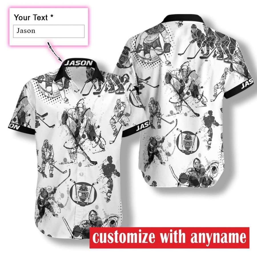 Custom Name Black And White Hockey Player Hawaii Aloha Shirts Ha15060