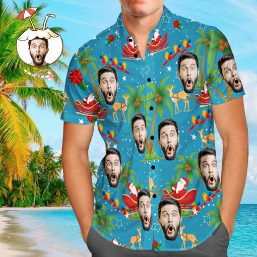 Custom Face Personalized Photo Shirt Personalized Photo Men S Hawaiian Shirt Christmas Gift Santa And Elk 6612