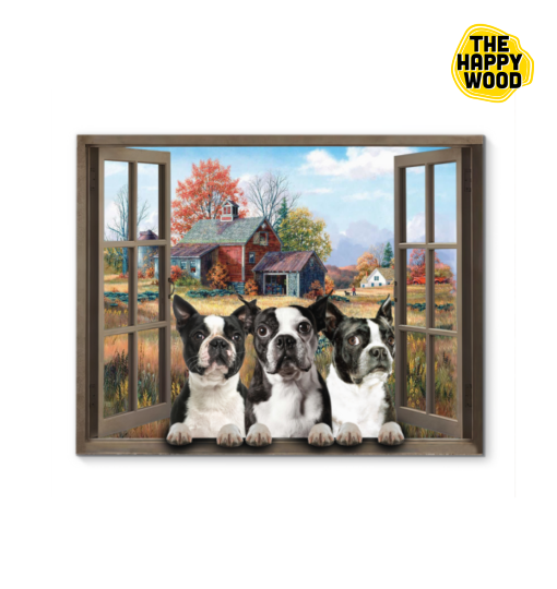 Boston Terrier Farmhouse Window Custom Horizontal Canvas Poster For Home Decoration