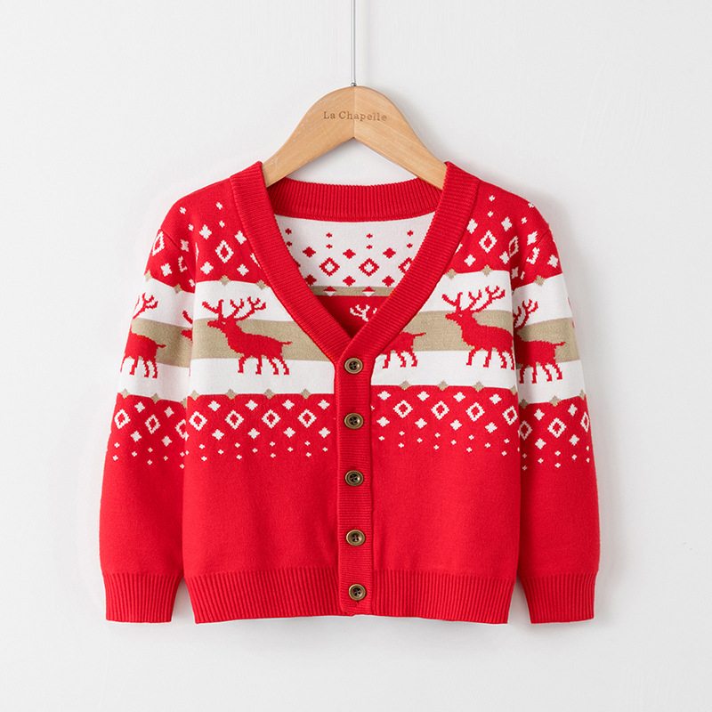 Christmas Sweater Baby Boys Girls Autumn Winter Thick Cardigans Kids Elk Jacquard V-neck Knit Coat Sweaters Children Clothing alx