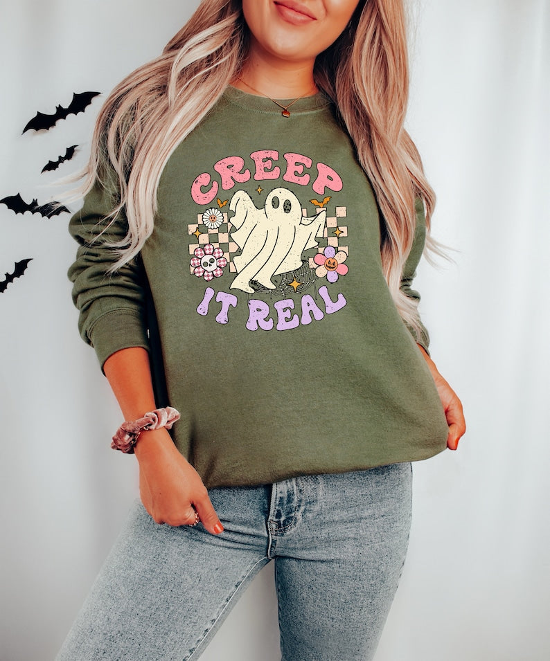 Creep It Real Halloween Shirt, Retro Floral Halloween Ghost Crewneck Sweatshirt All Over Print Sweatshirt For Women Sweatshirt For Men