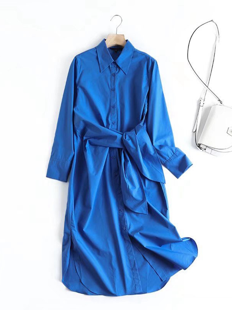 2022 Spring Lapel New Side Knotted Mid-length Long-sleeved All-match Dress alx