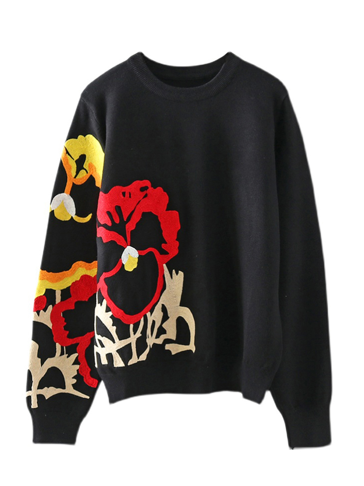 Black Floral Embroidery Pullover Women Boho Long Sleeve O Neck Autumn Winter Jumper Top Loose Knitted Sweaters C-010 alx