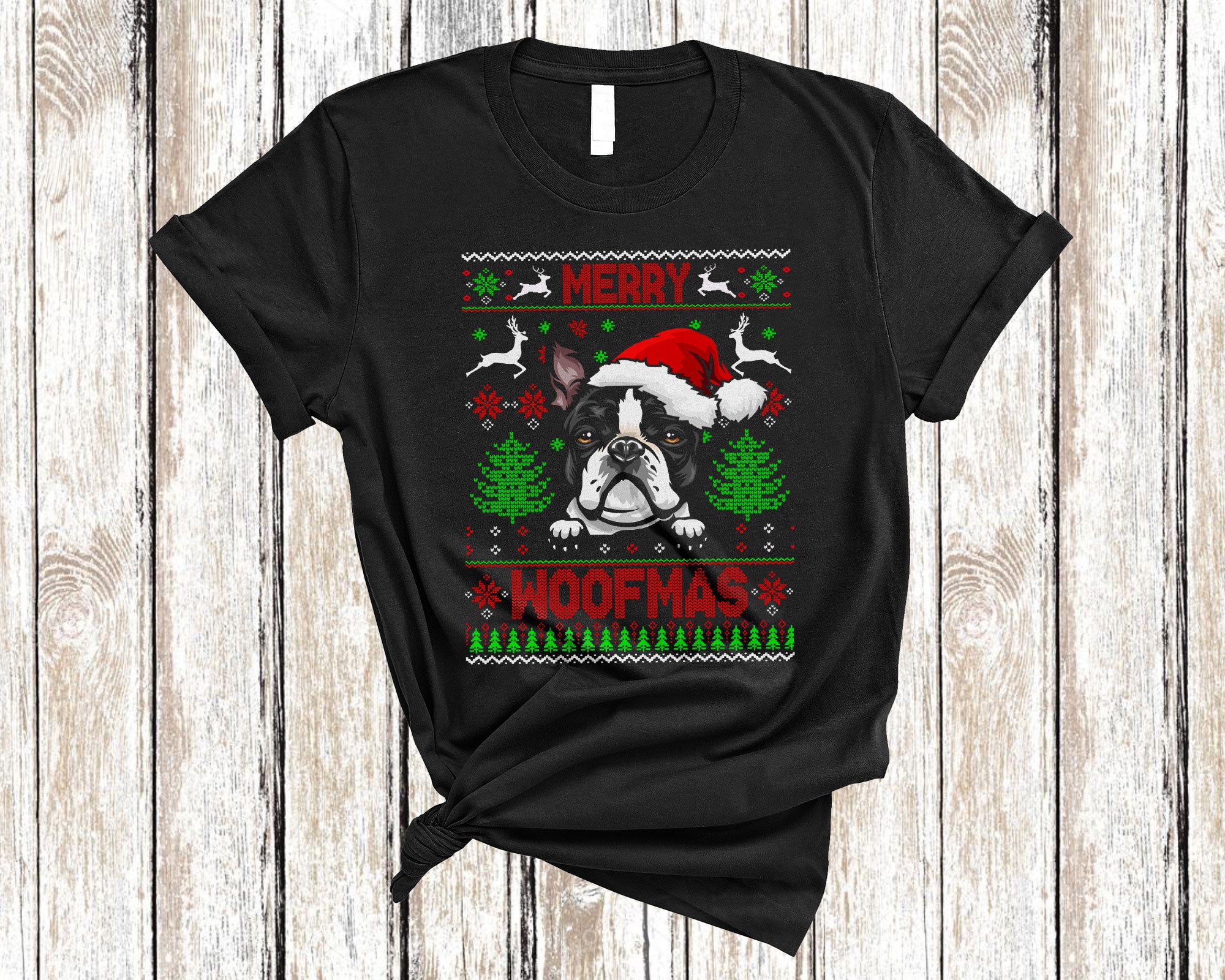 Christmas Dog Shirt Merry Woofmas Funny Ugly Christmas Santa Boston Terrier Dog Sweater Gifts T-Shirt