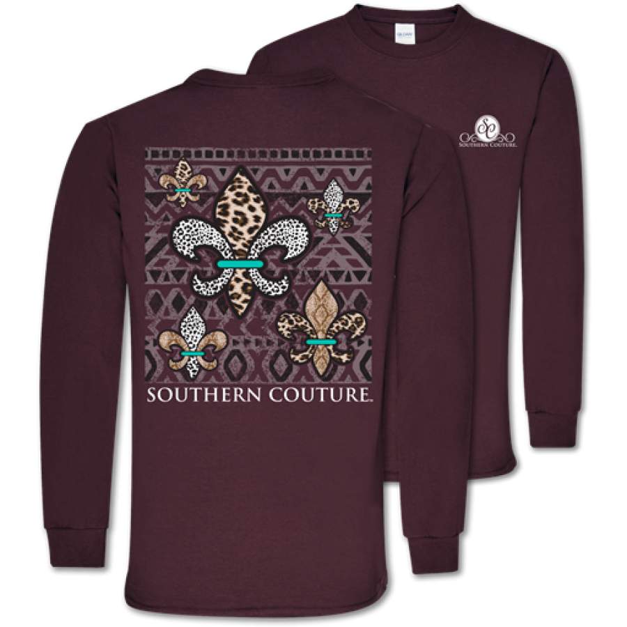 Southern Couture Classic Animal Print Fleur De Lis Long Sleeve T-Shirt