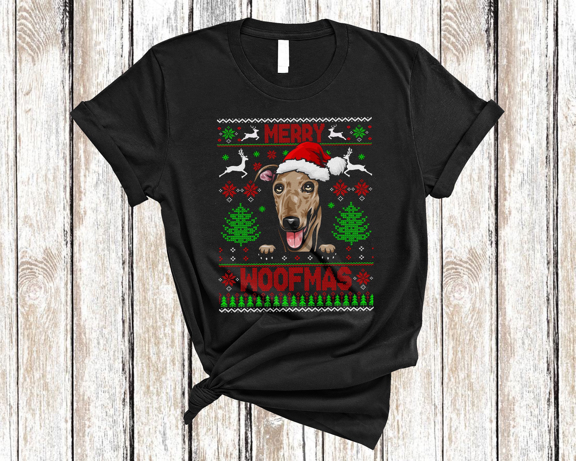 Christmas Dog Shirt Merry Woofmas Funny Ugly Christmas Santa Greyhound Dog Sweater Gifts T-Shirt