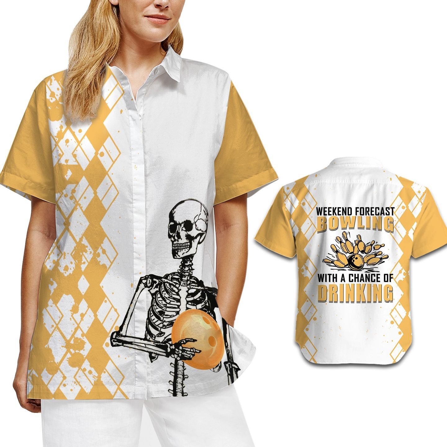 Weekend Forecast Bowling With A Chance Of Drinking Skeleton Women Hawaiian Shirt For Sport And Beer Lovers – Gift For Bowling Players