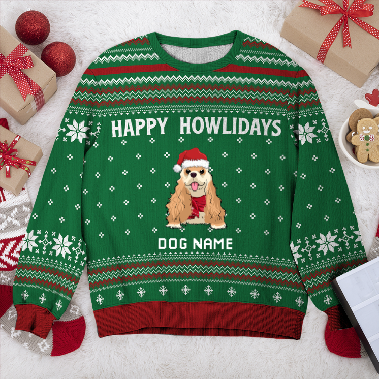 American Cocker Spaniel Happy Howlidays Personalized Sweater, Dog Ugly Christmas Sweater