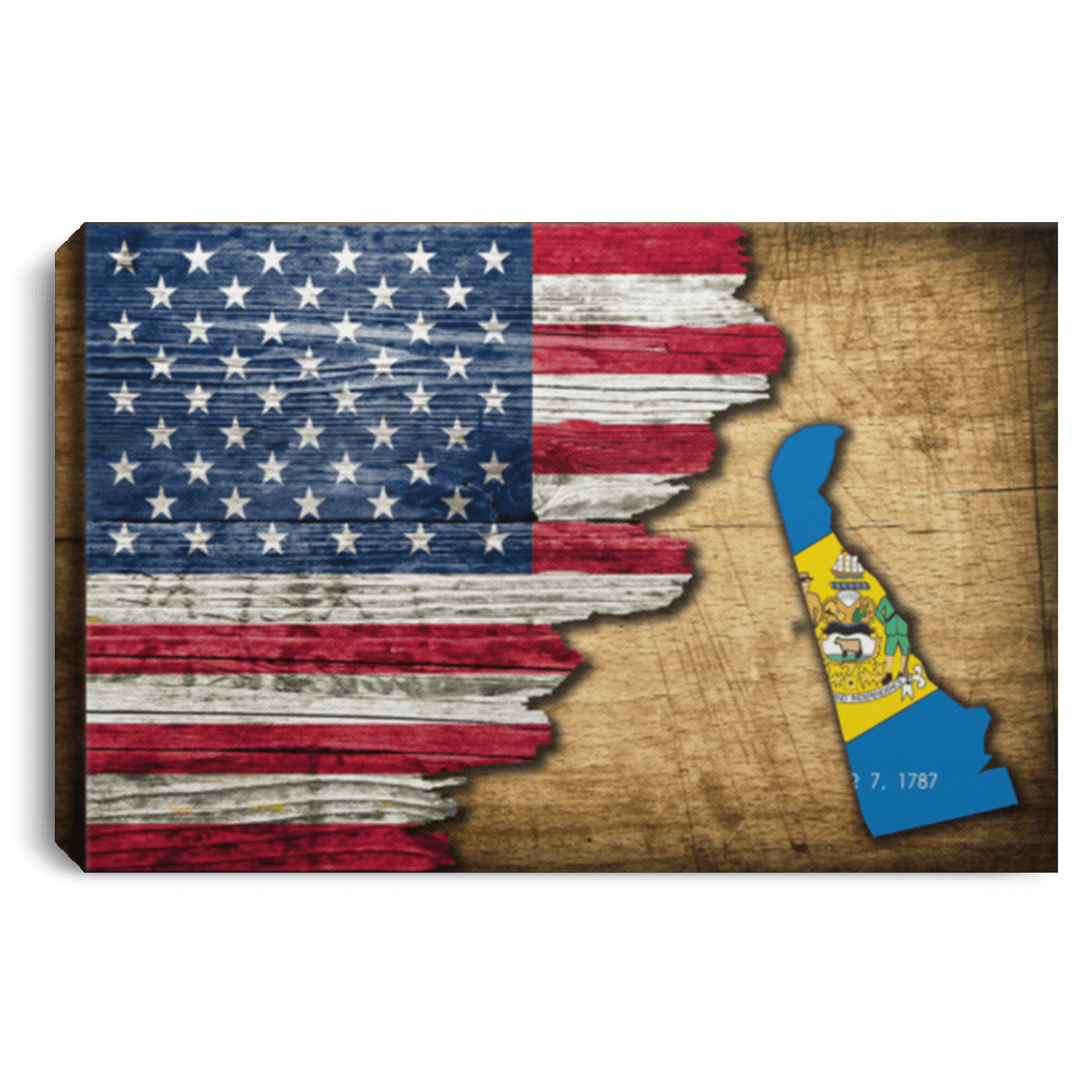 United States/Delaware Flag Ripped Effect 12X8 Inches Landscape Canvas .75In Frame