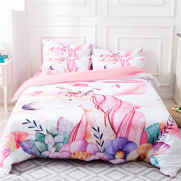 Children Girl Favorite Cute Pink Cat Lion Tiger Kitty Cartoon Printed Bedding Set Bed Linen Duvet Cover Soft Pillowcase 3/4Pcs