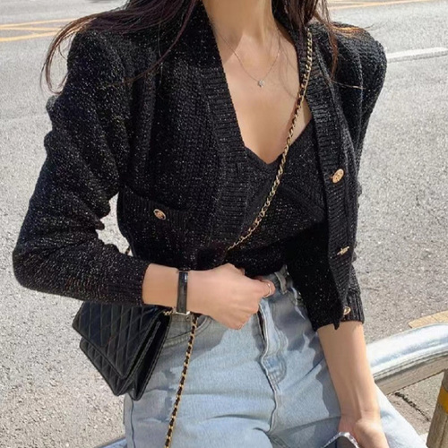 2022 Fall Sexy Camisole Top + Cropped V Neck Black Cardigan Twist Knitted Coat Korean Chic Two Piece Sets Retro Winter Clothes alx