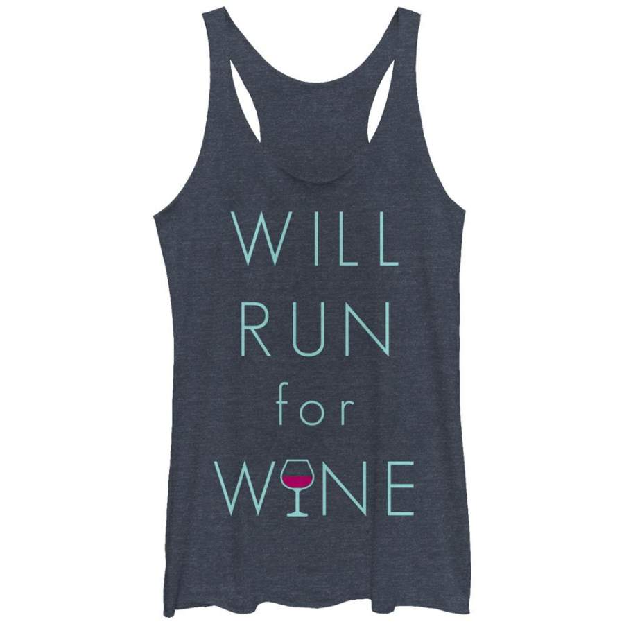 CHIN UP Women’s Will Run For Wine Glass  Racerback Tank Navy Blue Heather