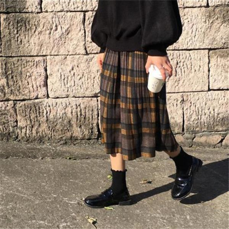 Vintage Wool Pleated Plaid Skirt Women High Waist Plus Size Long Skirt 2022 Autumn Winter Harajuku Female Party Skirt Streetwear alx