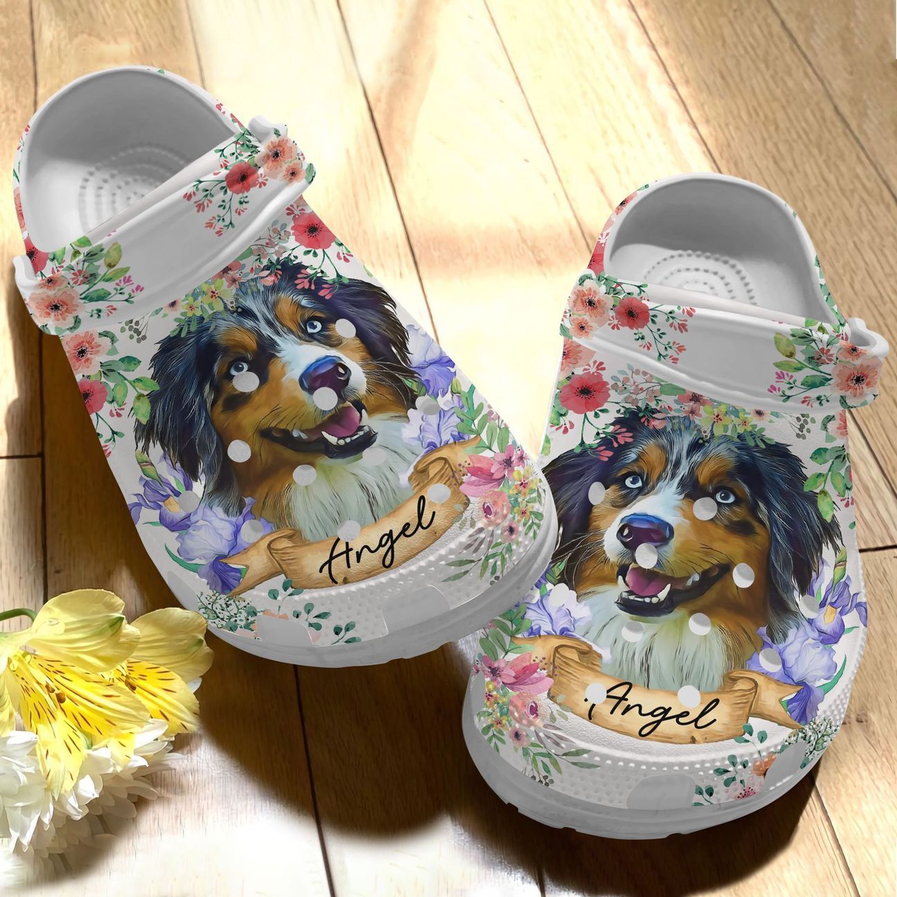 Australian Shepherd Personalized Clog, Custom Name, Text Floral Aussie, Fashion Style For Women, Men, Kid, Print 3D