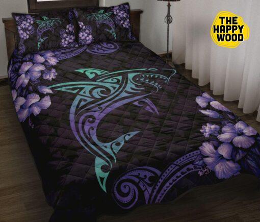 Shark Flower Purple Style Quilt Bed Set And Pillow Covers