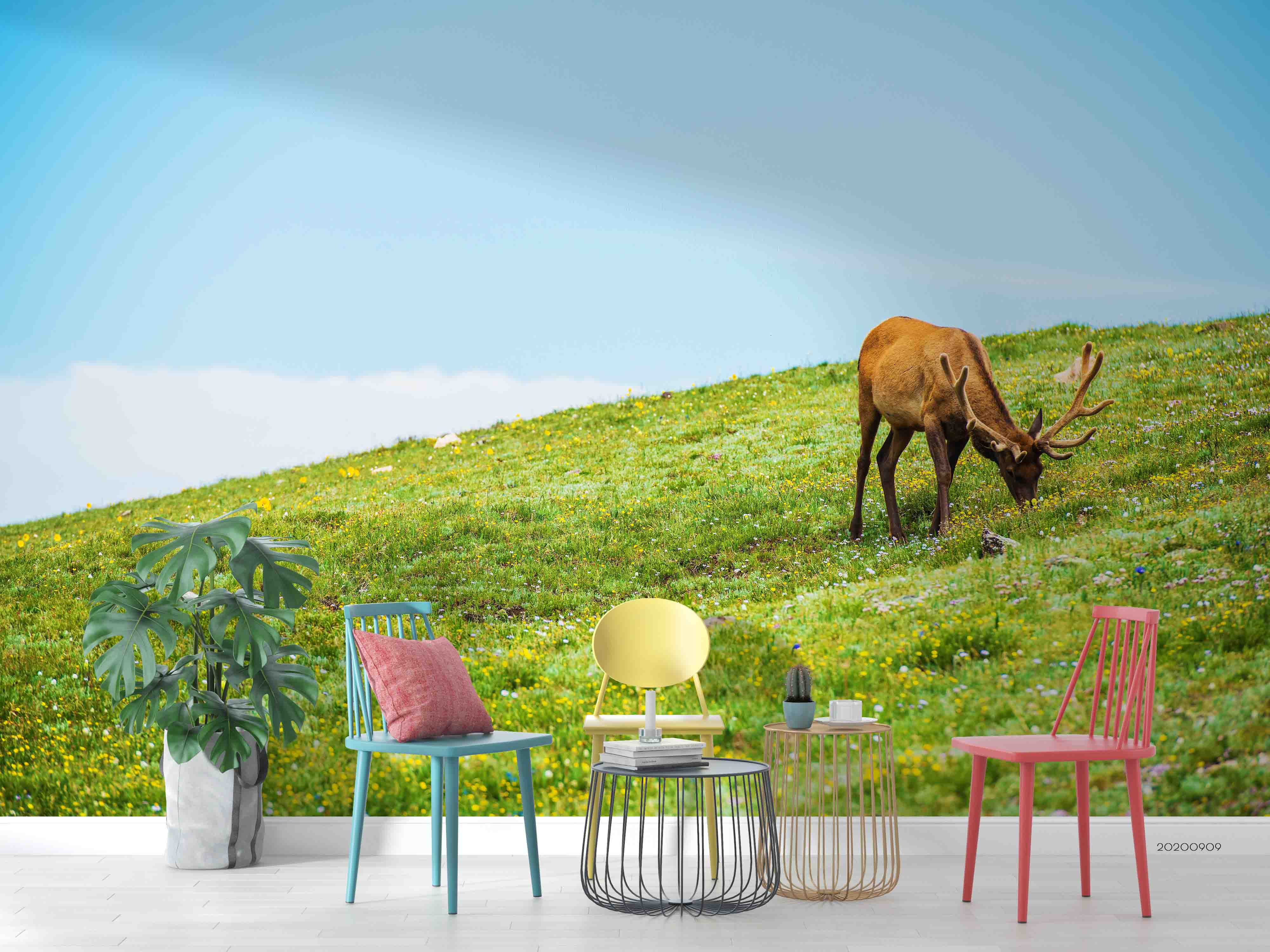 3D Blue Sky Green Grassland Buck Animal Wall Mural Wallpaper Lxl