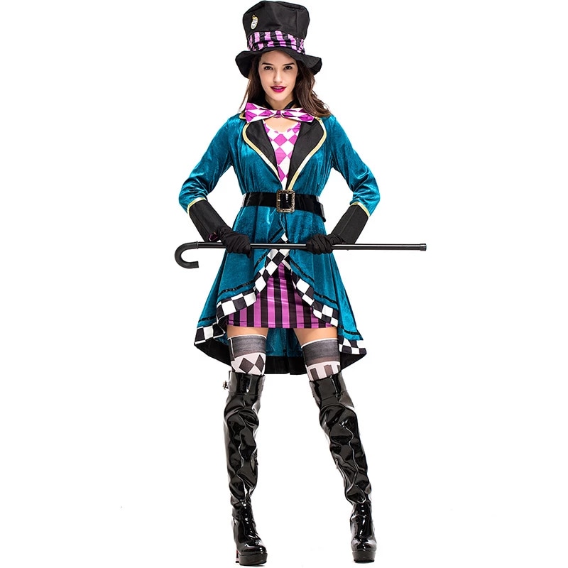 Alice in Wonderland Clown Mad Hatter Costume for Adults Women Fantasias Sexy Magician Cosplay Halloween Carnival Magic Dress alx