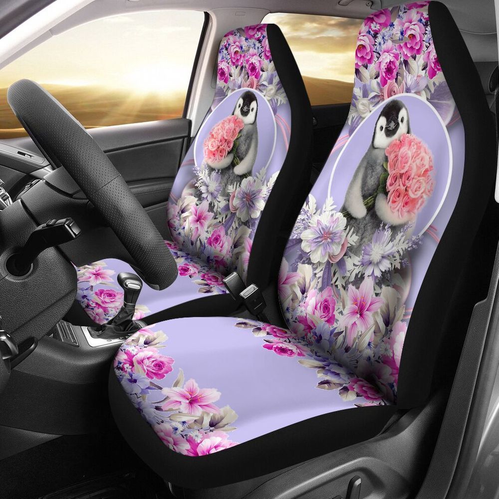 FUN CAR DECOR PENGUIN PURPLE FLOWER SEAT COVERS