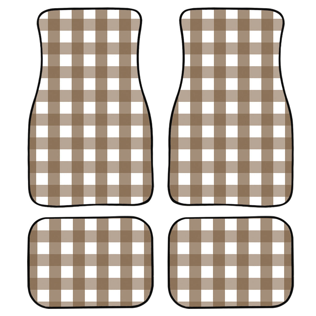 Brown And White Check Pattern Print Front And Back Car Floor Mats, Front Car Mat