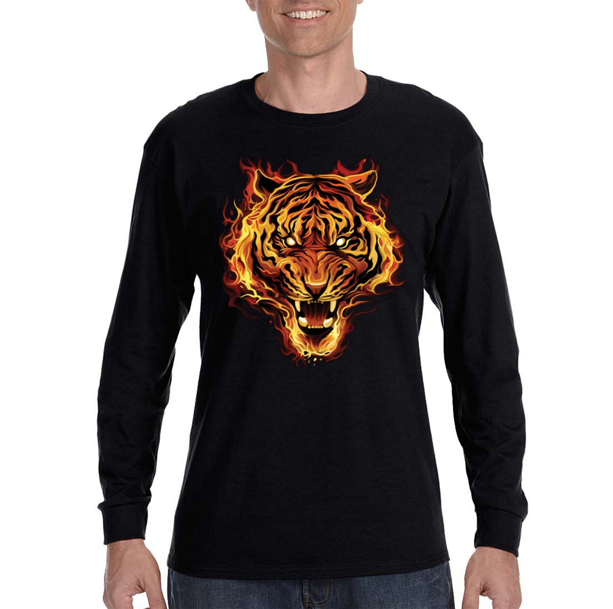 Xtrafly Apparel Men’S Flaming Tiger Flames Animal Lion Safari Long Sleeve T-Shirt