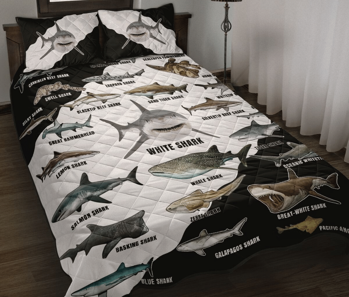 Shark Of The World Watercolor Style Quilt Bed Set