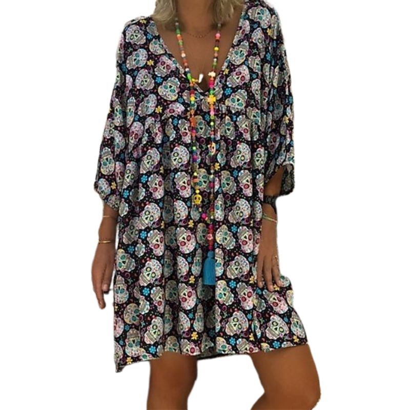 Women Plus Size V-Neck 3/4 Sleeves Loose Flowy T-Shirt Dress Halloween Skull Floral Casual Flared Party Tunic Sundress S-5XL alx