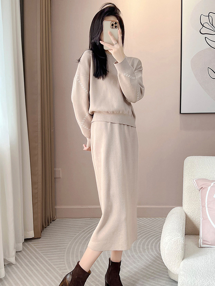 ZJYT Autumn Winter Knitted Dress Suit Women Designer Elegant Pullover Sweater Skirt Set 2 Piece Casual Basics Outfits Female alx