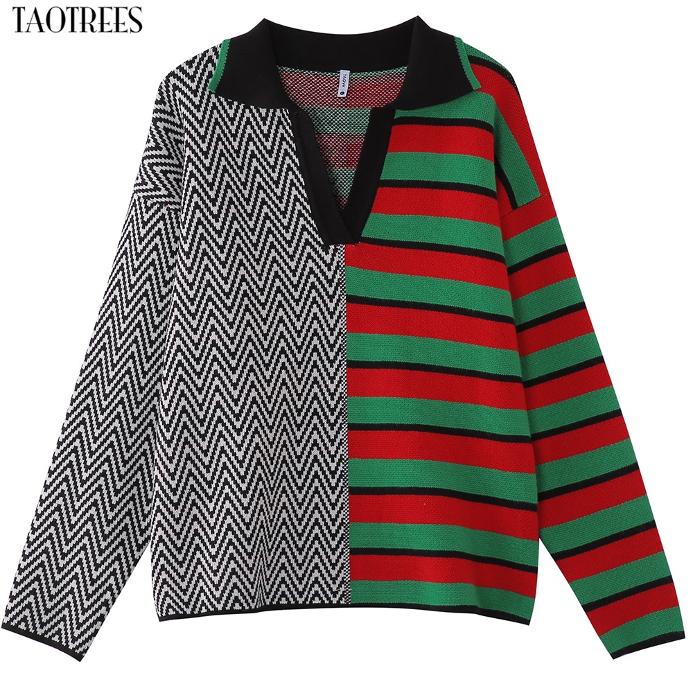 Taotrees Women’s Knitwear Knitted Long Sleeve Colorblock Pullover Striped and Wave Pattern Lapel Sweater Jumper alx