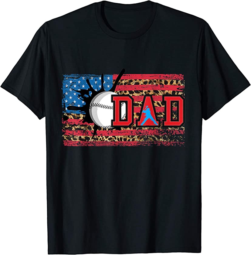 Baseball Dad Leopard American Flag Patriotic Fathers Day T-Shirt