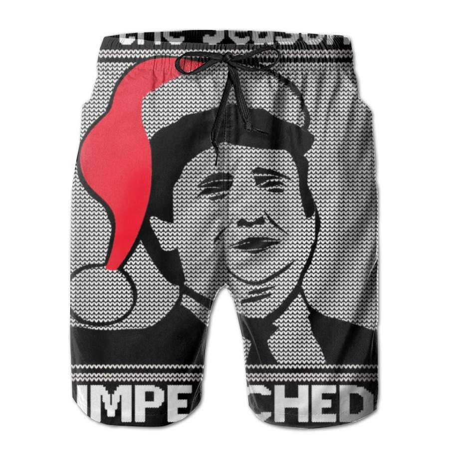 2 Pack Tis The Season To Be Impeached Ugly Christmas Poster Men Swim Trunks Drawstring Elastic Waist Quick Dry Beach Shorts with Mesh Lining Swimwear Bathing Suits