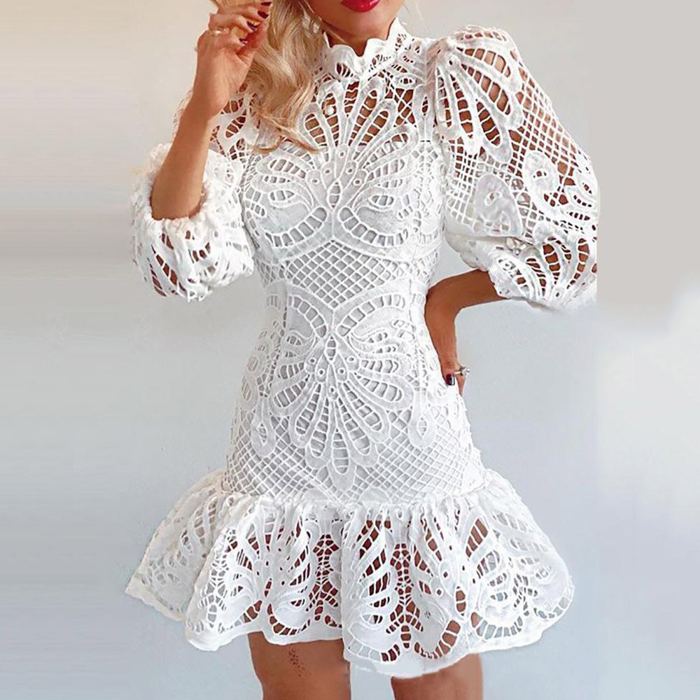 Women Fashion Dress Solid Color Hollow Out Lace Patchwork Stand Collar Long Sleeve Spring Autumn Slim Fit Mini Dresses For Lady alx