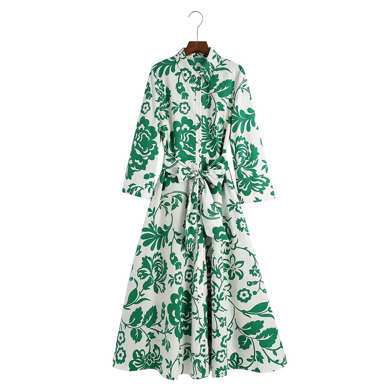 TMODA 2022 Summer Women Green Floral Print Midi Dress With Belt Vintage Three Quarter Sleeve Dress Female Outwear Vestidos alx