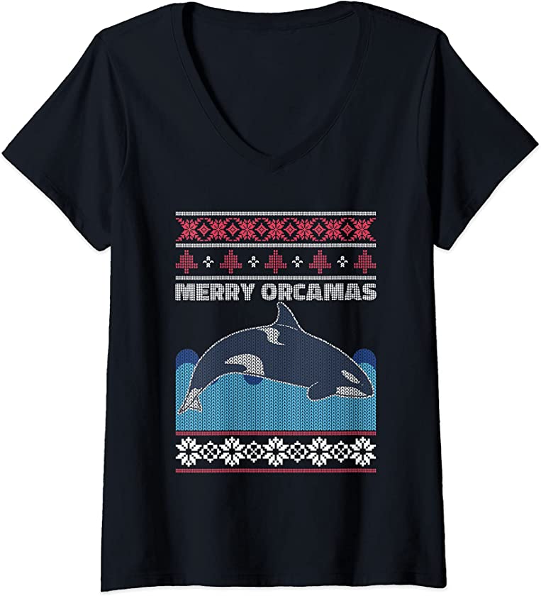 Womens Christmas Orca Killer Whale Knit Look Ugly Christmas Sweater V-Neck T-Shirt