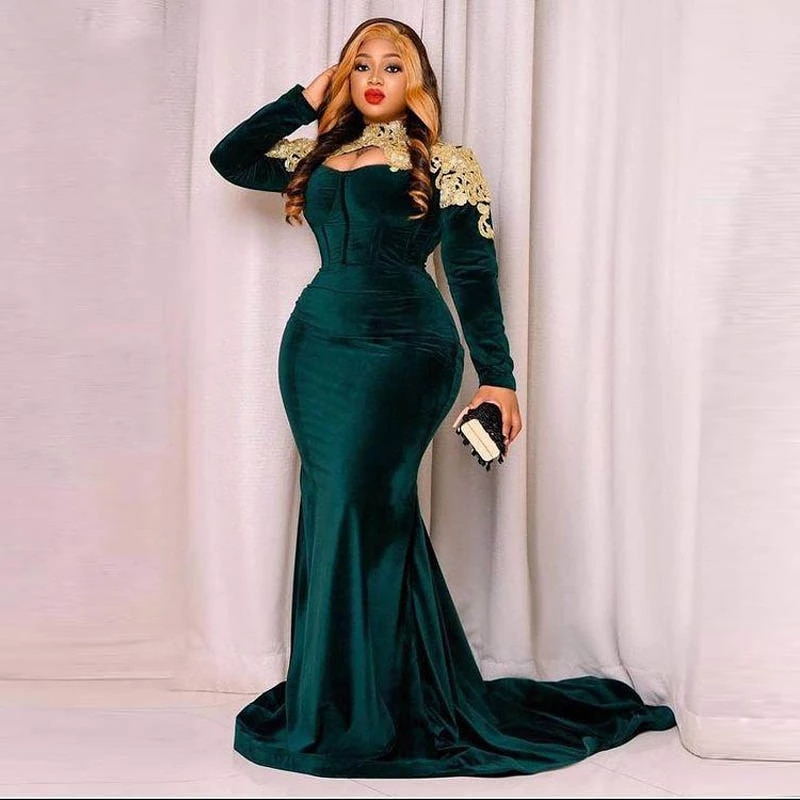 Velvet Plus Size Evening Dresses High Neck Long Sleeves Hunter Prom Dress With Gold Lace Appliques African Girls Party Gown alx