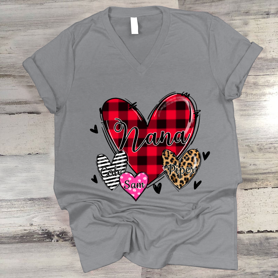 Nana Hearts With Grandkids Leopard V-Neck