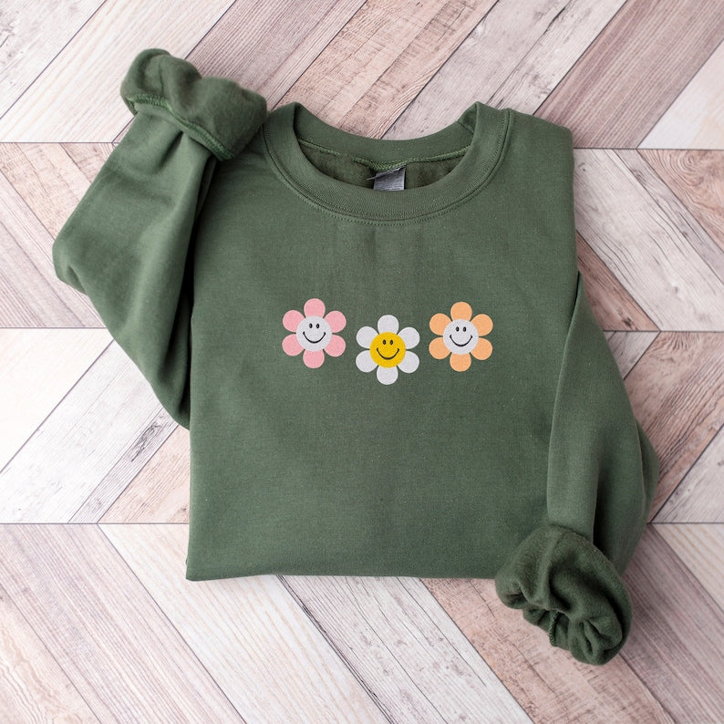 Smiley Face Daisy Flowers Embroidered Sweatshirt 2D Crewneck Sweatshirt All Over Print Sweatshirt For Women Sweatshirt For Men Sws4358