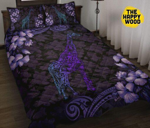 Giraffe Tribal Flower Purple Style Quilt Bed Set And Pillow Covers