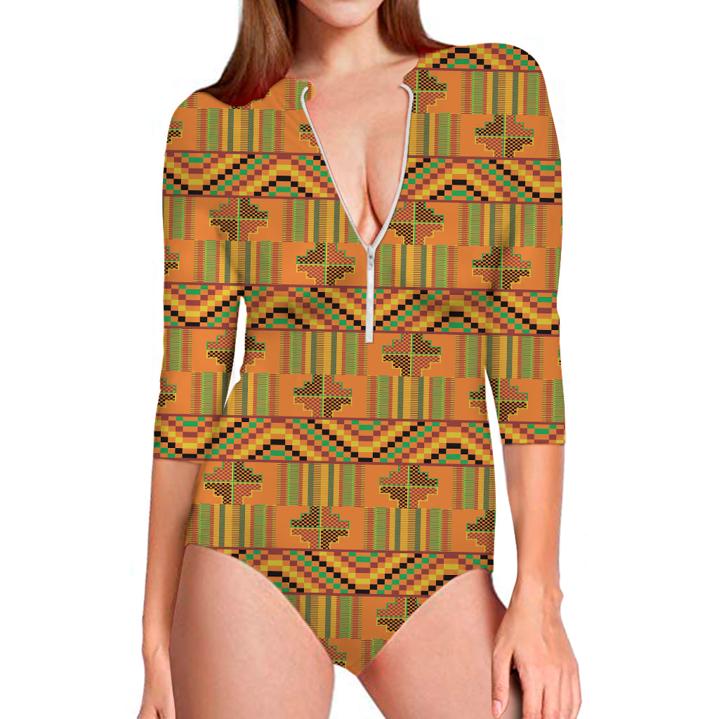 Bonwire Kente Pattern Print Long Sleeve One Piece Swimsuit