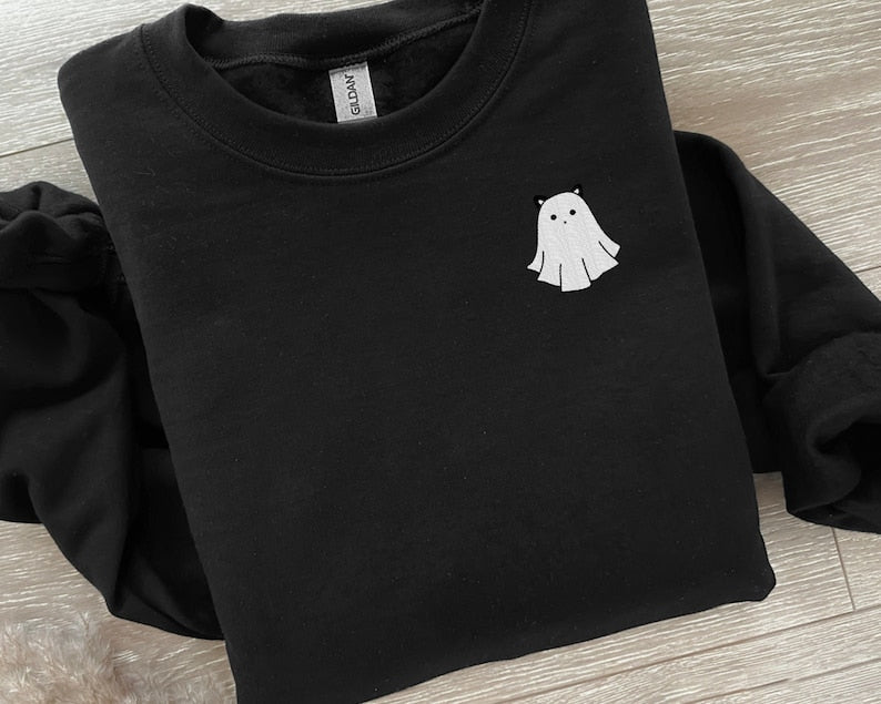 Cat Ghost Halloween Embroidered Sweatshirt Crewneck Sweatshirt All Over Print Sweatshirt For Women Sweatshirt For Men Sws2712