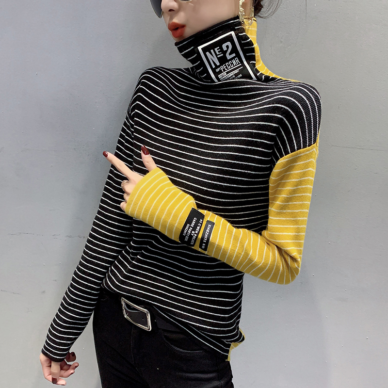 #3805 Spring Striped Knitted Sweater Women Turtleneck Knitted Tops Harajuku Tight Spliced Color Elastic Sweaters Ladies Pullover alx