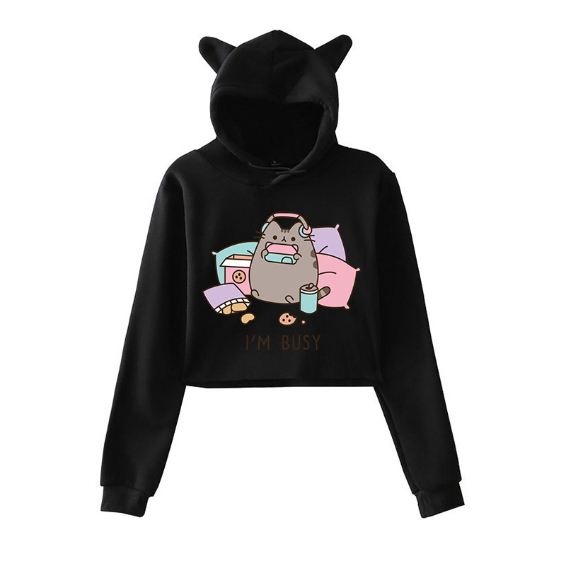 Cute Cat Sweatshirt Women Pusheen Cat Crop Tops Funny I Am Busy Cartoon Kawaii Hoodies Graphic Fashion Harajuku Hoody Female alx