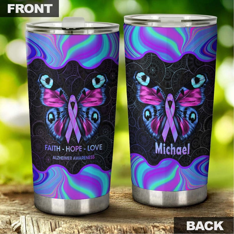 Butterfly Faith Hope Love Alzheimer Awareness Personalized Tumbler-Birthday Christmas Gift For Jesus Catholic Christians- Gift For Alzheimer