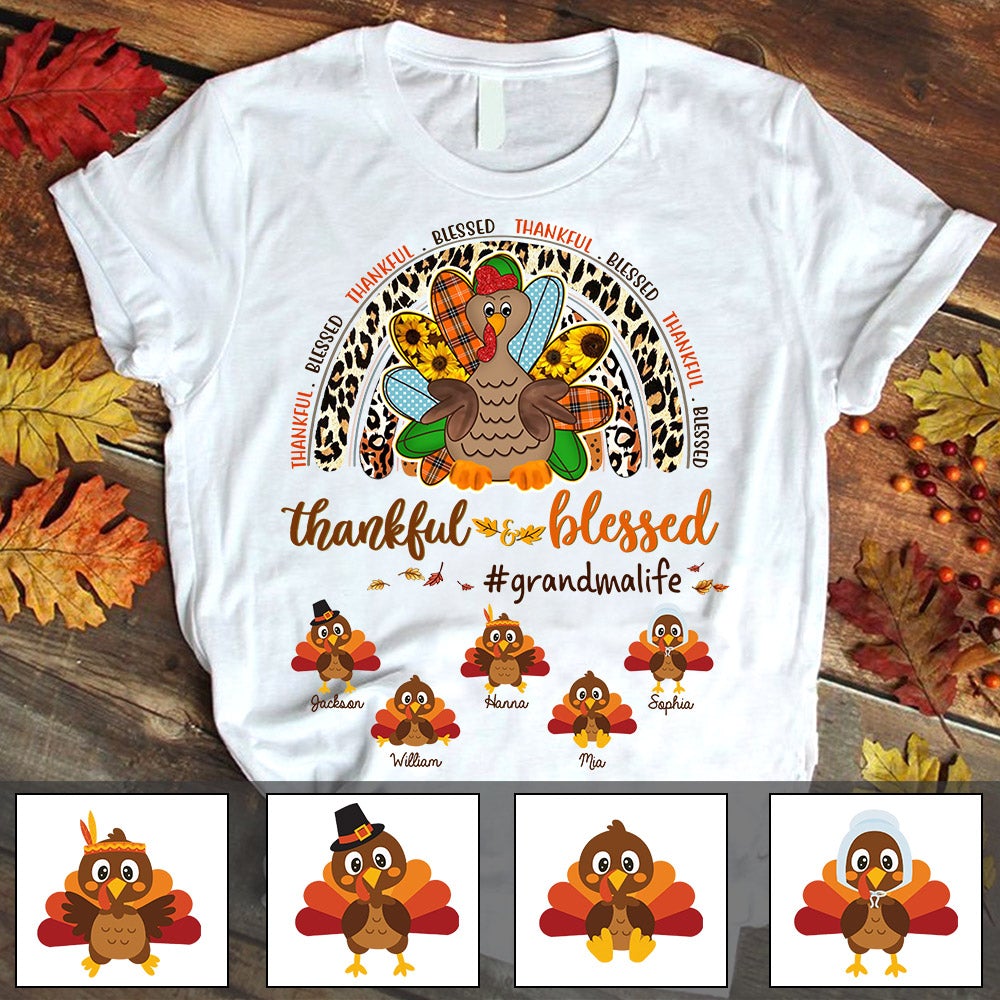 Personalized Grandma Nana Thankgiving Shirt Thankful Blessed Grandma Like Turkey Shirt With Grandkids Name