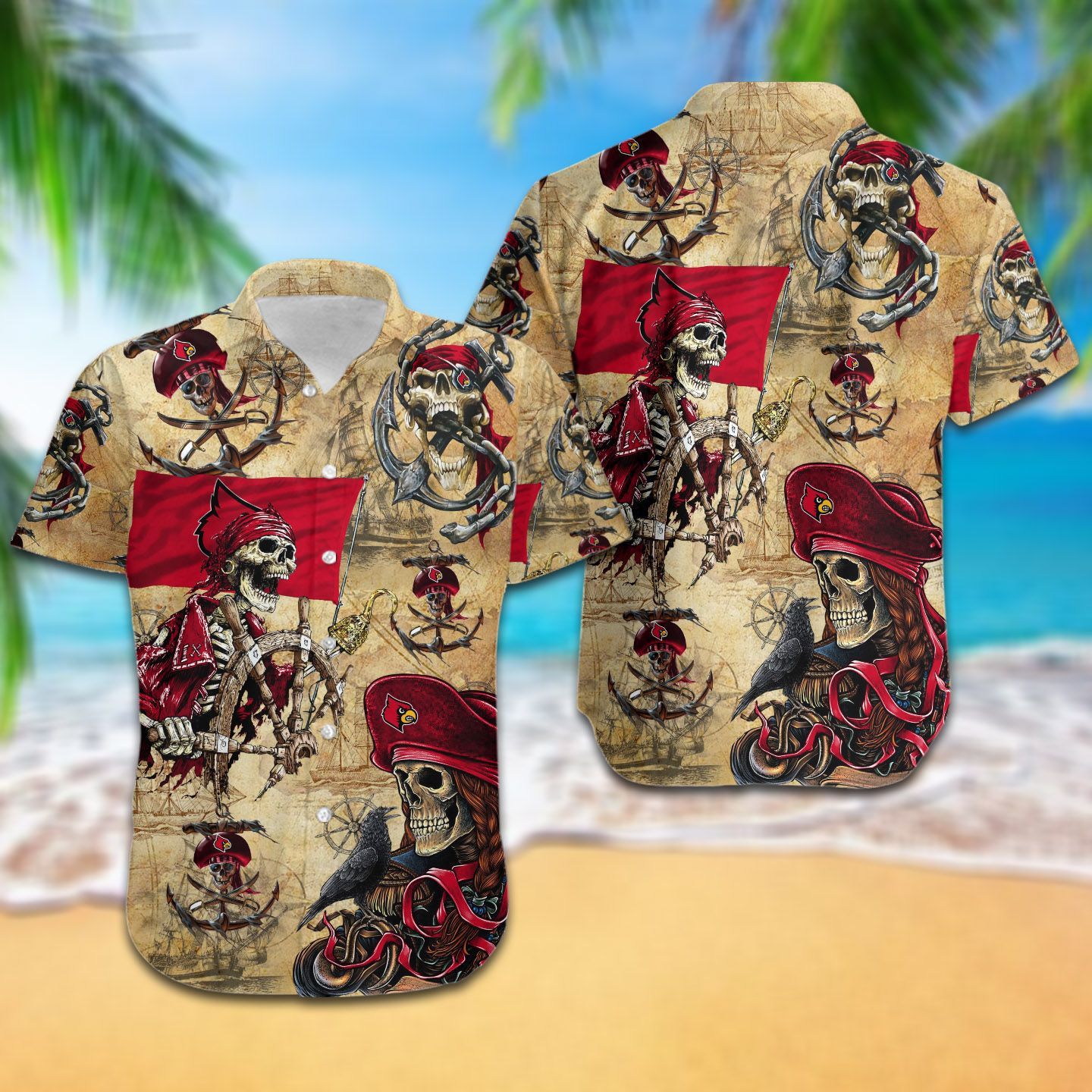 NCAA Louisville Cardinals Red Skull Gold Hawaiian Shirt