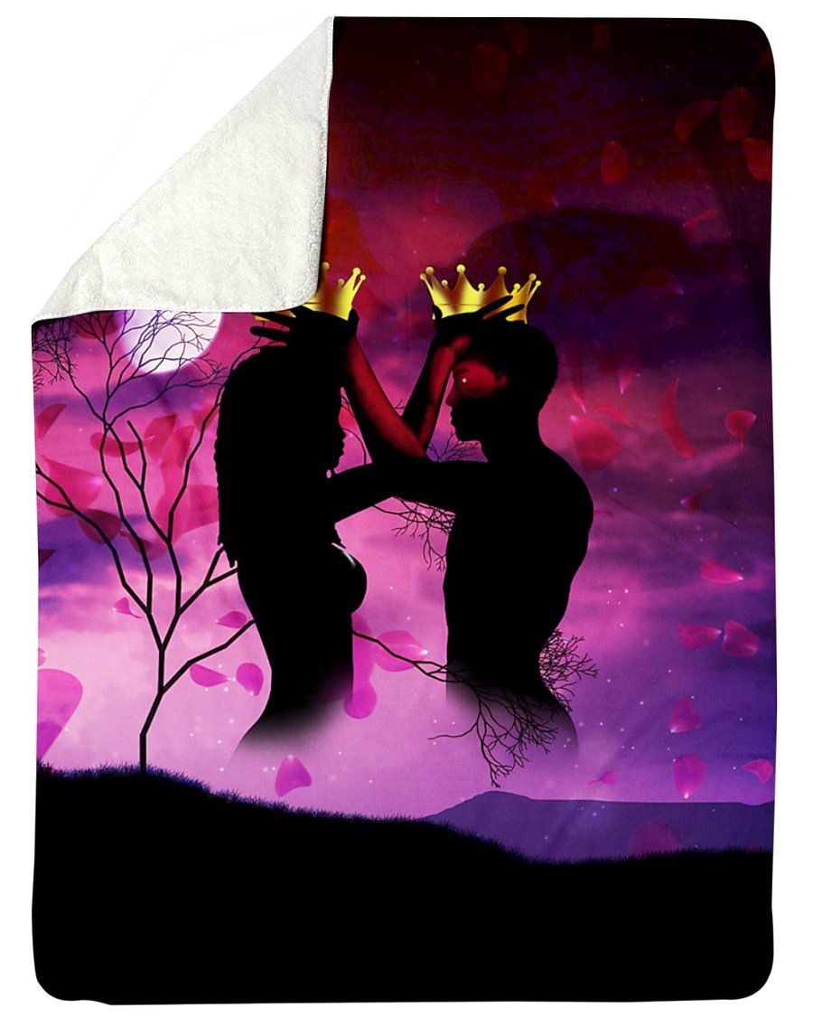Black Couple Art – Love Couple Under The Moon Personalized Custom Name Date Sherpa Fleece Blanket Print 3D, Unisex, Kid, Adult