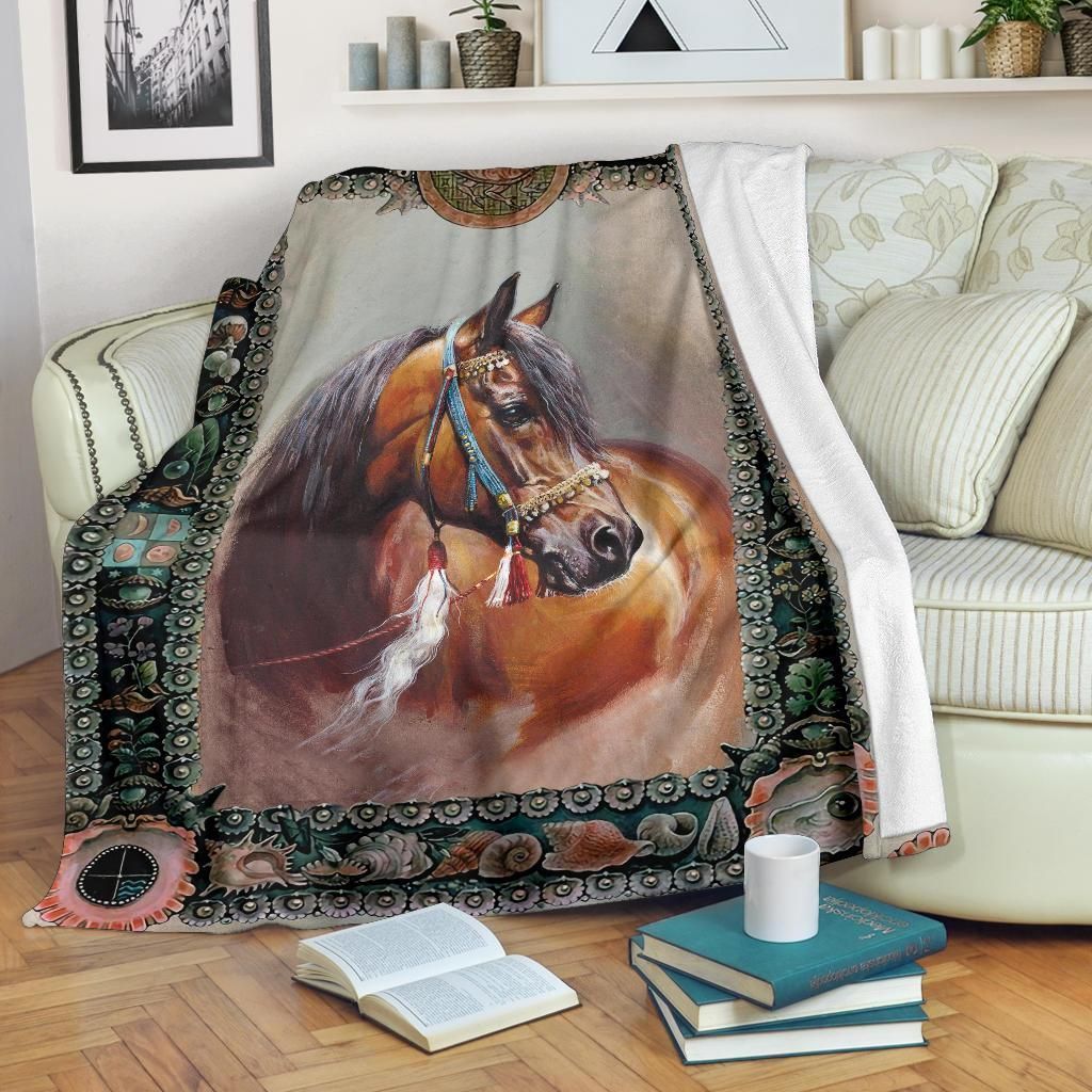 Beautiful Horse Unique Border Pattern Fleece Blanket, Sherpa Blanket, Gift For Parent, Family Member, Friends Gift, Christmas Gift, Home Decor, Home Living