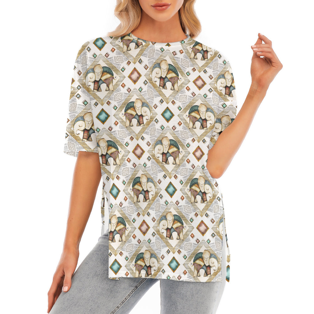 Indian Elephant Pattern Short Sleeve T-Shirt With Hem Split