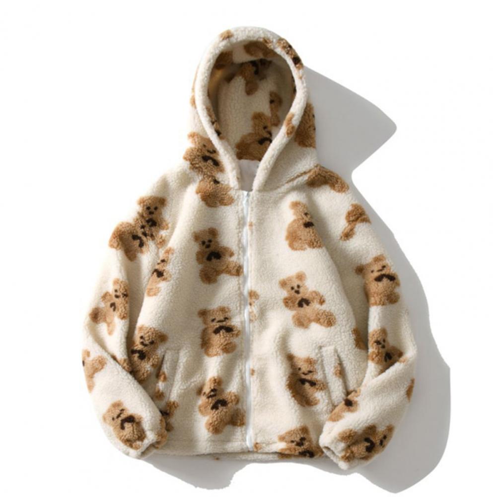 Women Winter Coat Loose Hooded Long Sleeves Animal Print Plush Keep Warm Zipper Cartoon Bear Hoodie Coat Pockets Hoodie Coat alx