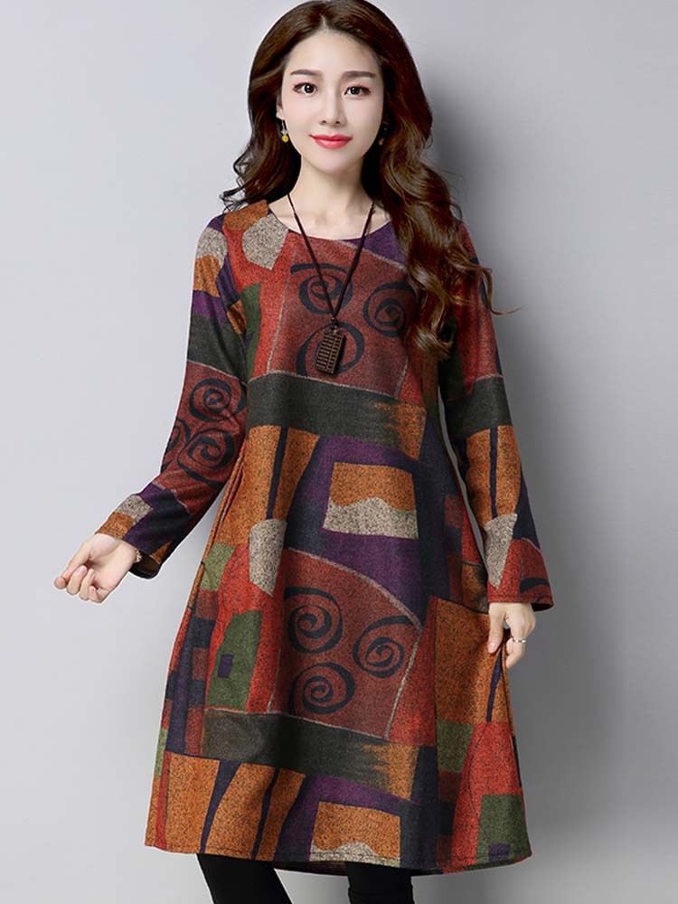 2022 New Autumn Winter Ethnic Woolen Long Sleeve O-Neck Women Dress Graffiti Patchwork Casual Loose Midi Dresses Vestido Mujer alx